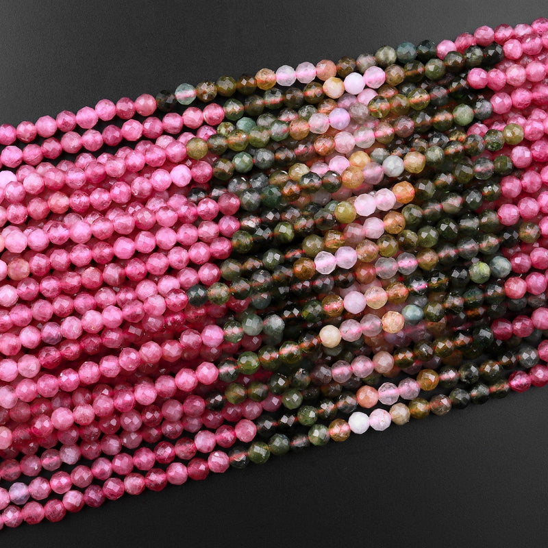 Micro Faceted Natural Multicolor Tourmaline Round Beads 3mm 4mm Pink Translucent Green Golden Yellow Gradient Shades 15.5" Strand