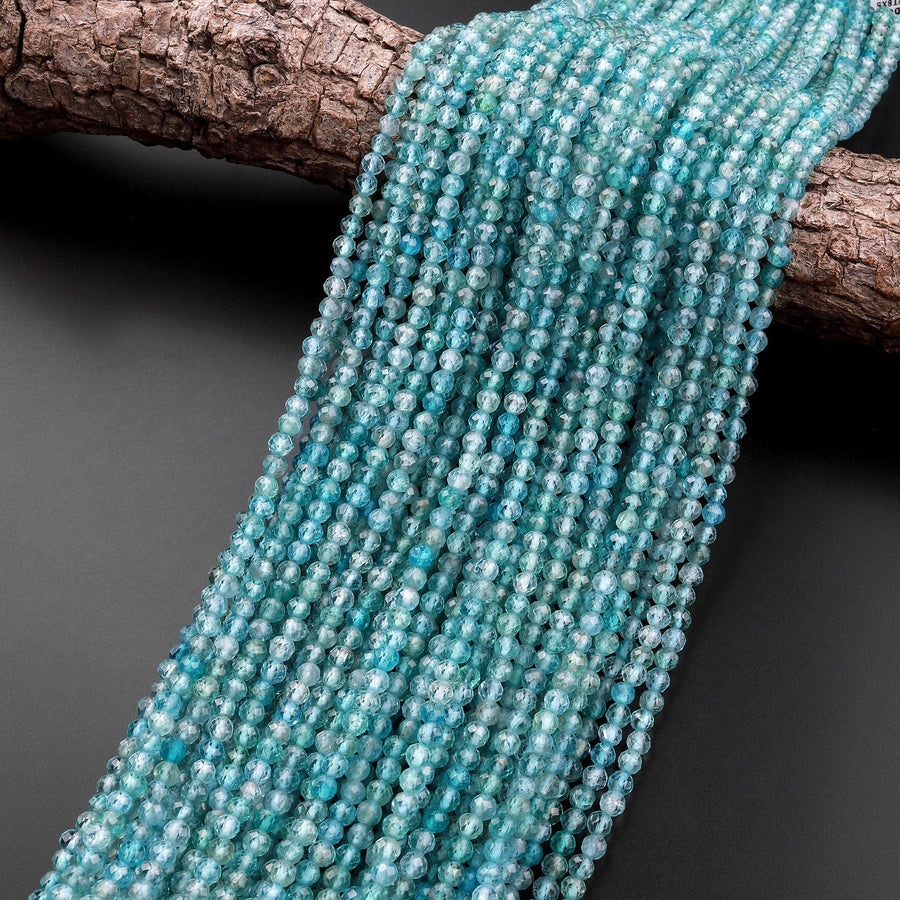Natural Apatite Beads Faceted 4mm Round Beads Translucent Teal Blue Green Gemstone Micro Cut 15.5" Strand