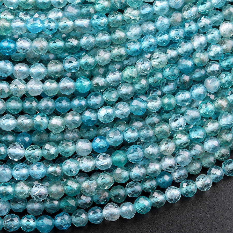 Natural Apatite Beads Faceted 4mm Round Beads Translucent Teal Blue Green Gemstone Micro Cut 15.5" Strand