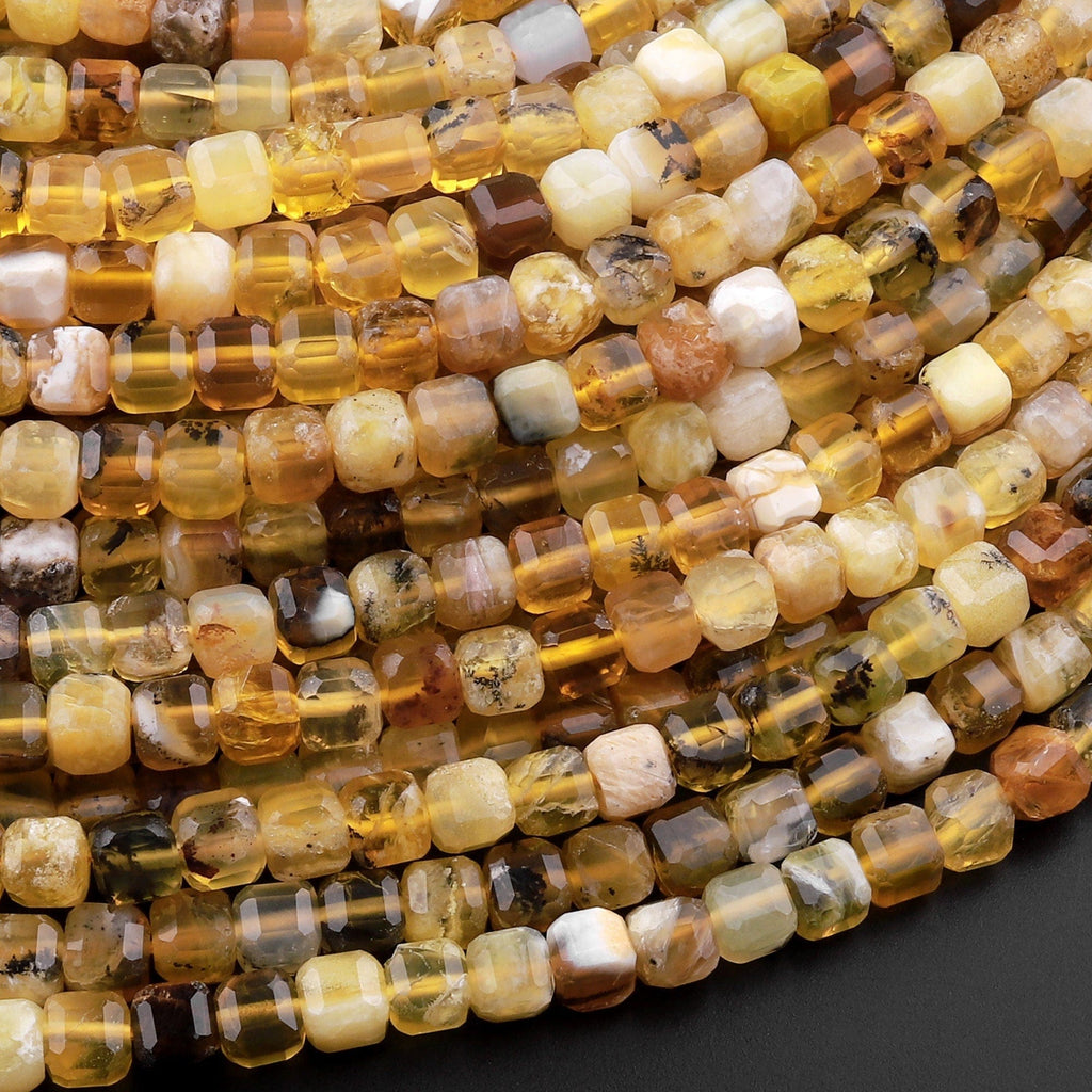 Faceted Natural African Golden Yellow Opal 4mm 5mm Cube Beads Extra Gemmy 15.5" Strand