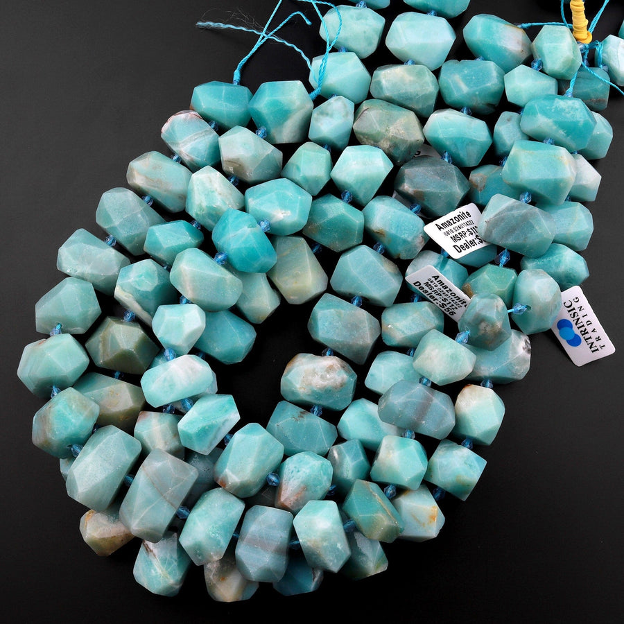 Large Faceted Blue Amazonite Beads Center Drilled Chunky Rectangle Nuggets 15.5" Strand
