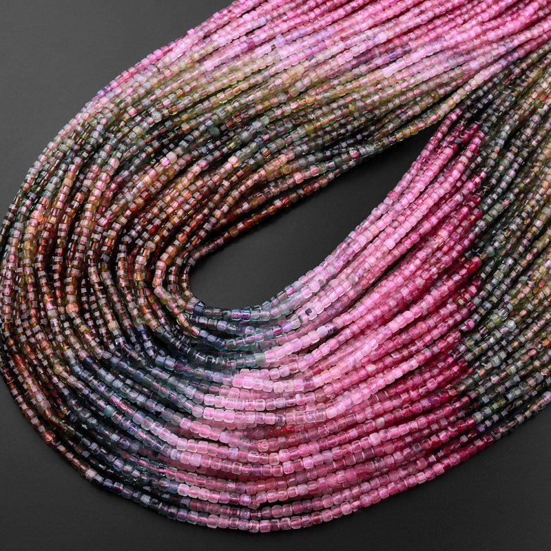AAA Natural Multicolor Pink Green Blue Cognac Tourmaline Faceted 2mm 3mm Cube Square Dice Beads Gemstone 15.5" Strand