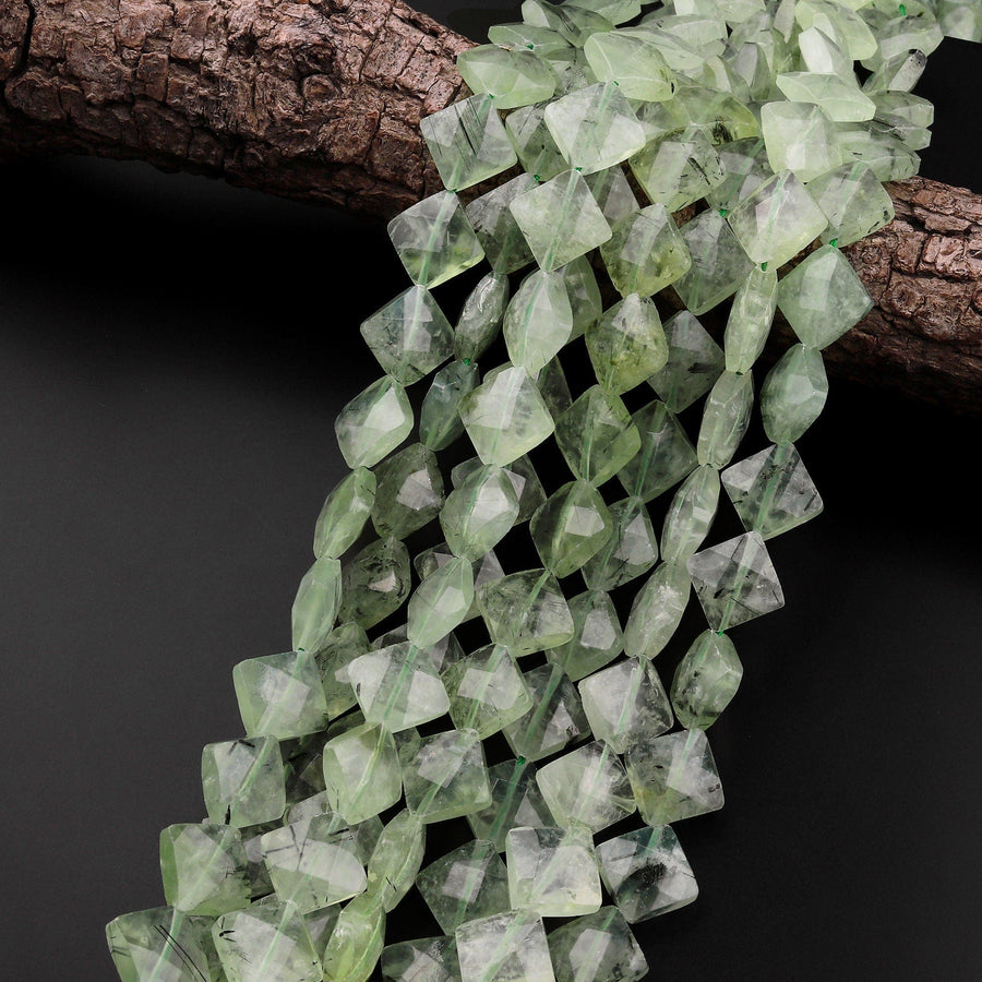 Natural Green Prehnite Faceted 15mm Beads Diagnoally Drilled Square Diamond Kite Shape 15.5" Strand
