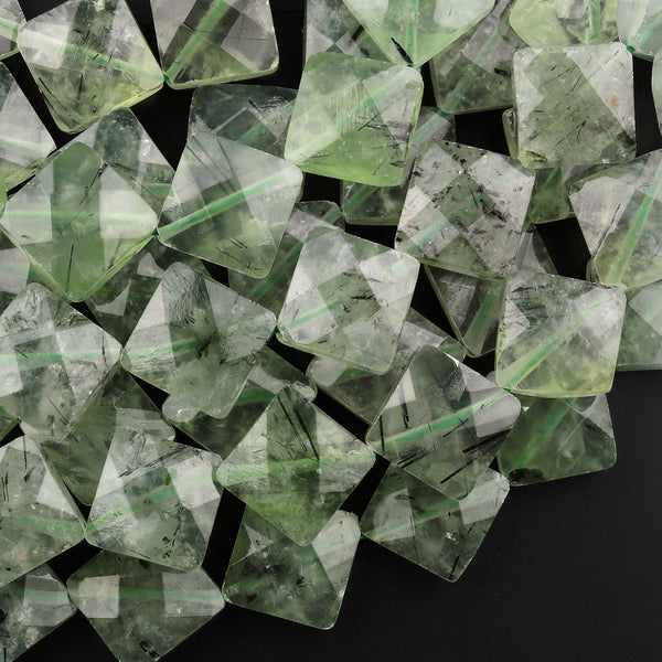 Natural Green Prehnite Faceted 15mm Beads Diagnoally Drilled Square Diamond Kite Shape 15.5" Strand
