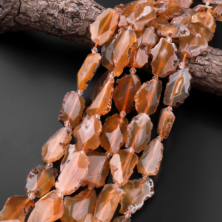 Rare Natural Condor Agate Beads Large Honey Golden Brown Faceted Slice Slab Focal Pendant Freeform Irregular Geode Shape 15.5" Strand