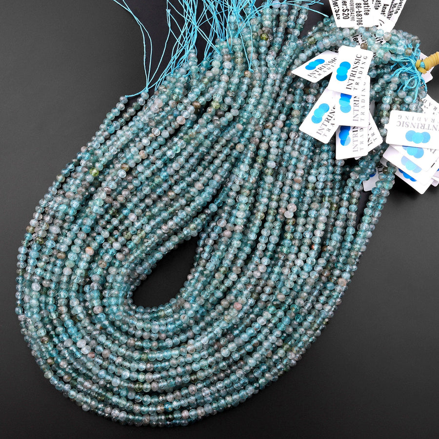 Micro Faceted Natural Teal Aqua Blue Apatite 4mm Rondelle Beads 15.5" Strand