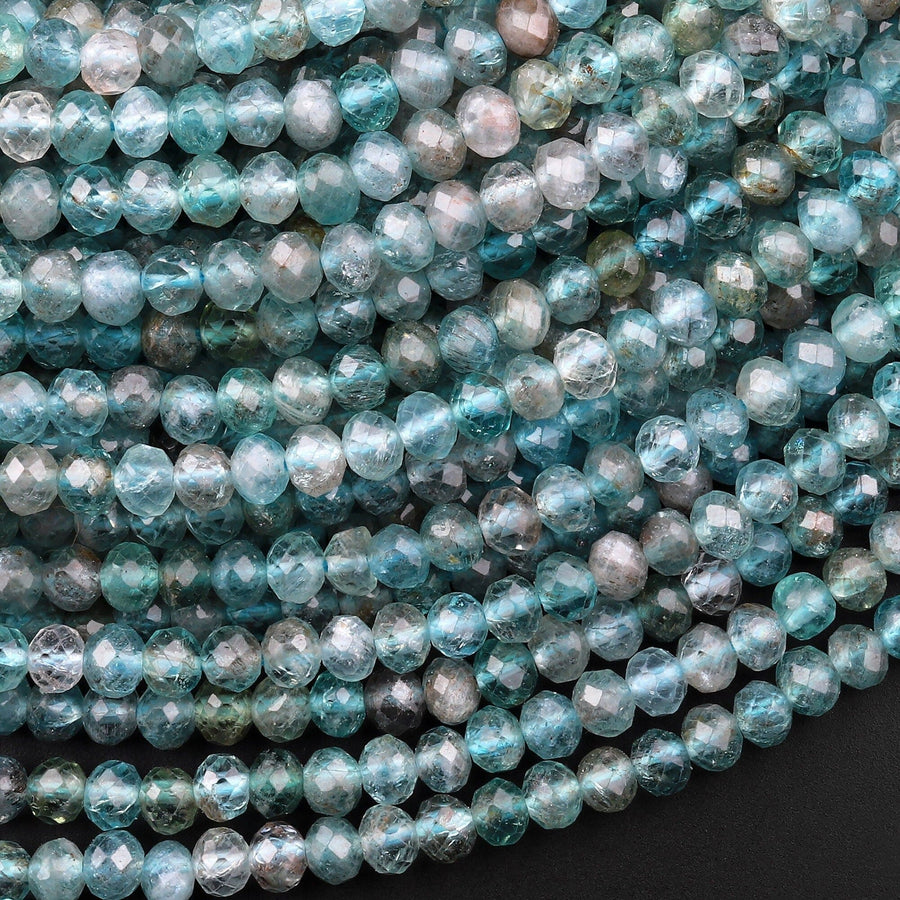 Micro Faceted Natural Teal Aqua Blue Apatite 4mm Rondelle Beads 15.5" Strand
