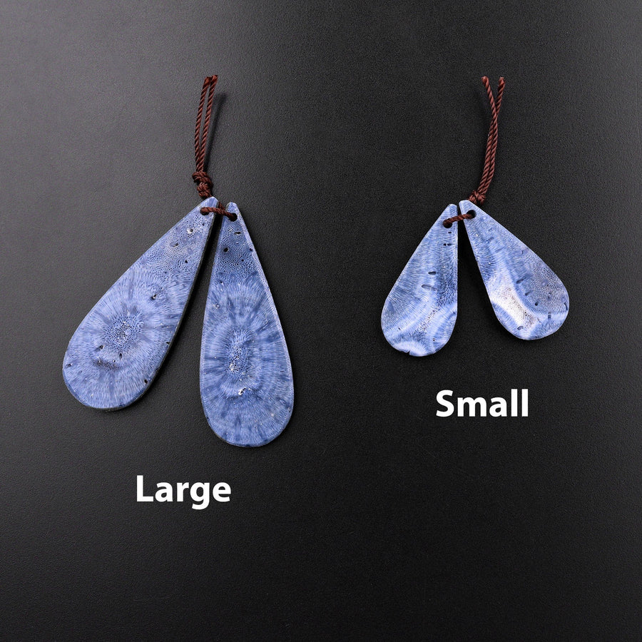 Natural Real Genuine Blue Sponge Coral Long Teardrop Earring Pair Drilled Gemstone Matched Beads