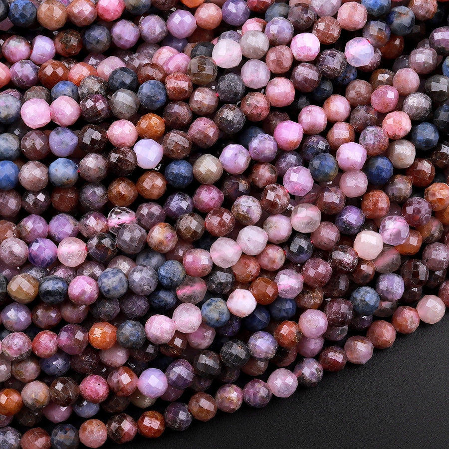 Real Genuine Pink Ruby Blue Sapphire Spinel Faceted 4mm Round Beads Gemstone 15.5" Strand