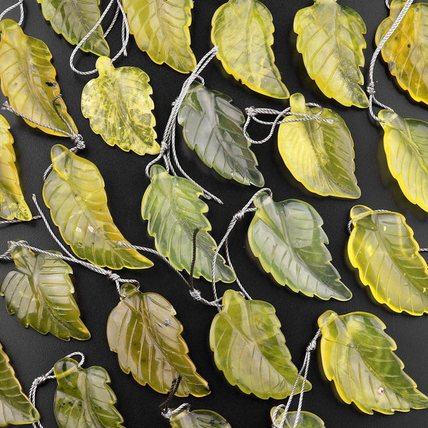 Hand Carved Natural Olive Green Jade Leaf Pendant Bead Drilled Gemstone
