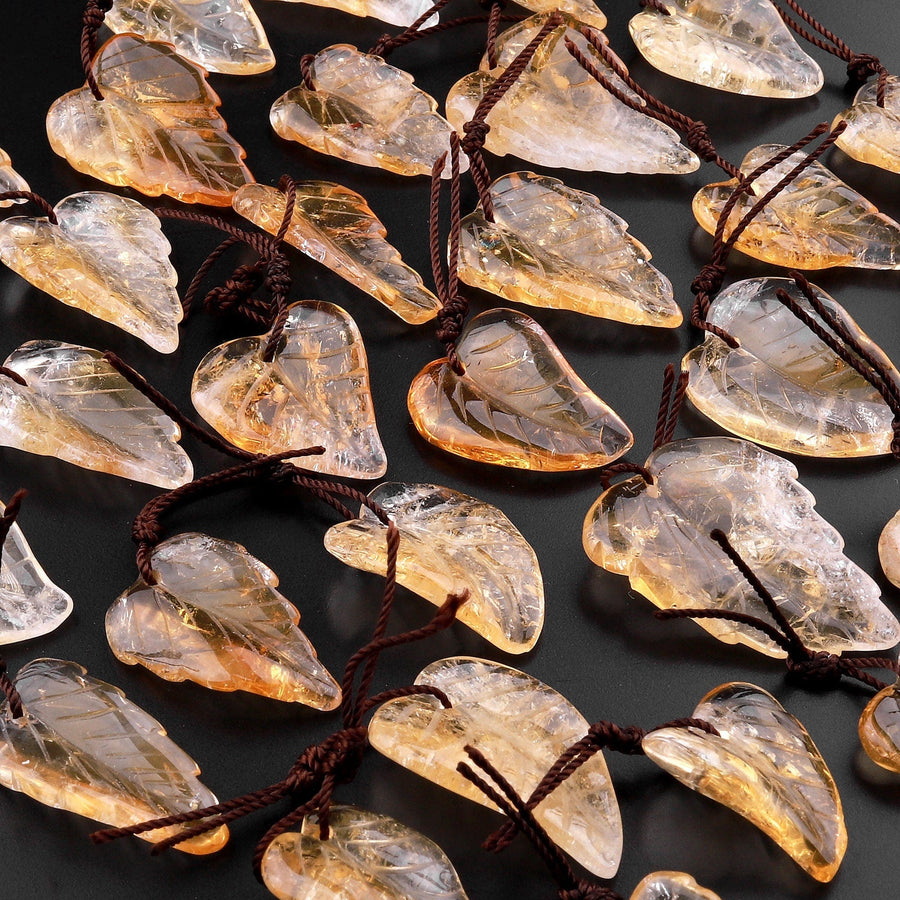 Hand Carved Natural Golden Citrine Leaf Pendant Bead Drilled Gemstone