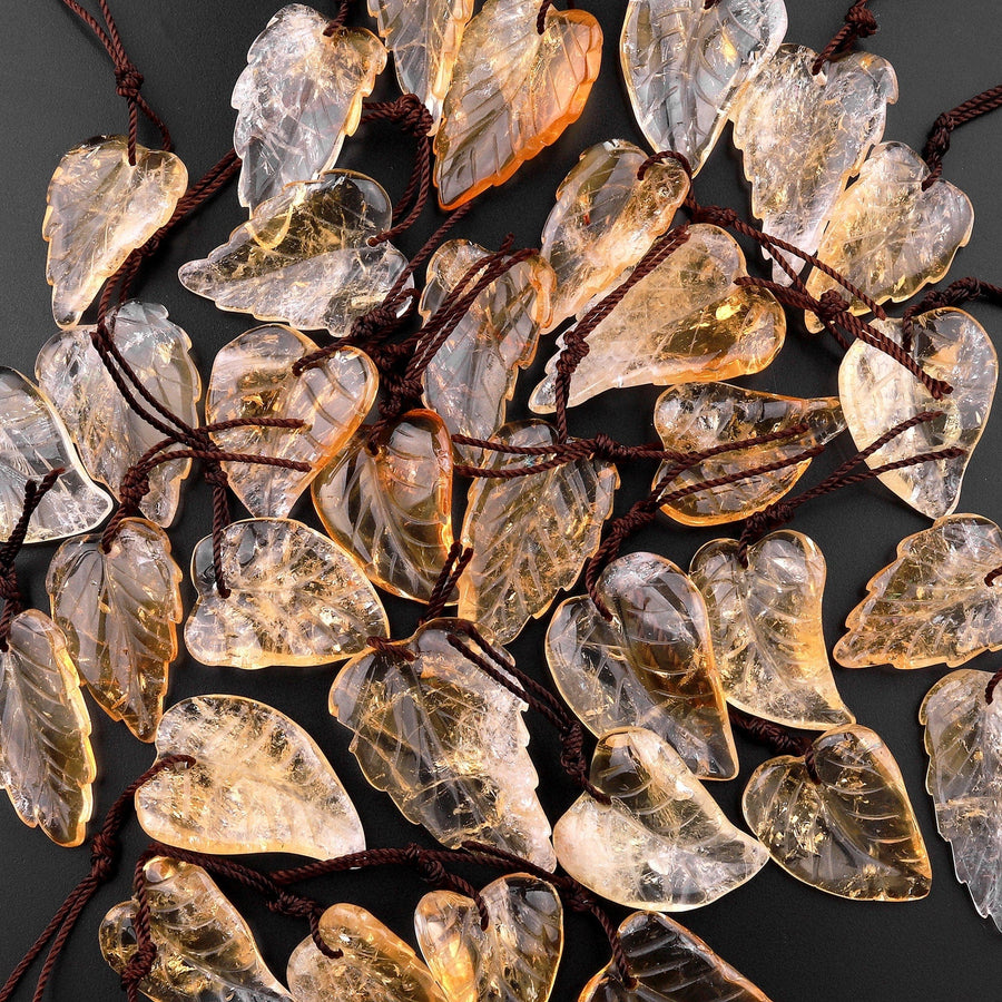 Hand Carved Natural Golden Citrine Leaf Pendant Bead Drilled Gemstone