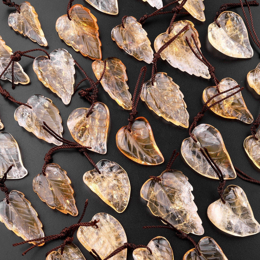 Hand Carved Natural Golden Citrine Leaf Pendant Bead Drilled Gemstone