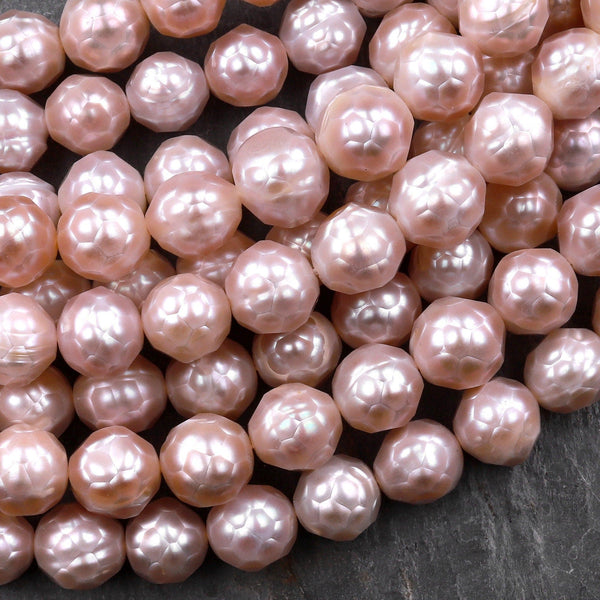 Faceted Genuine Natural Freshwater Pink Round Pearls 16" Strand