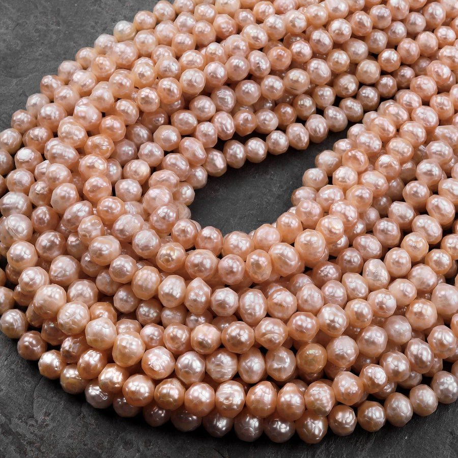 Faceted Genuine Natural Freshwater Golden Peach Apricot Round Pearls 16" Strand