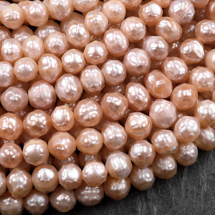 Faceted Genuine Natural Freshwater Golden Peach Apricot Round Pearls 16" Strand