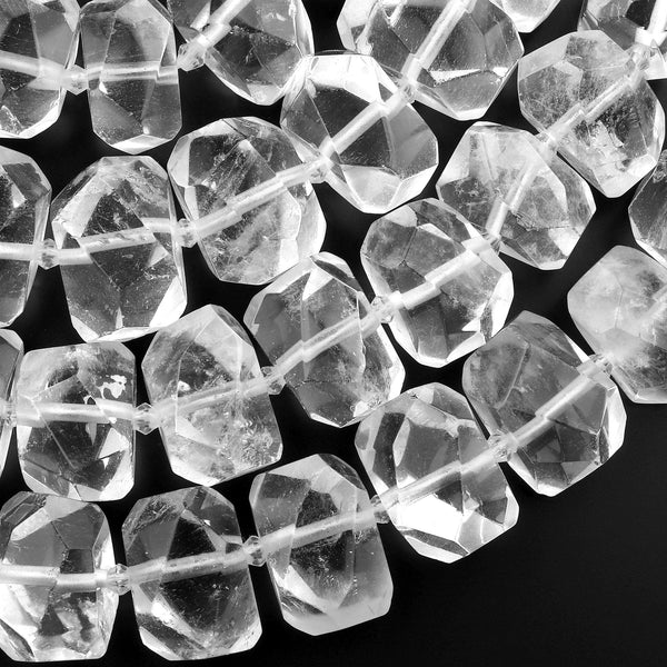 Chunky Faceted Real Natural Rock Crystal Quartz Rectangle Beads Center Drilled 15.5" Strand