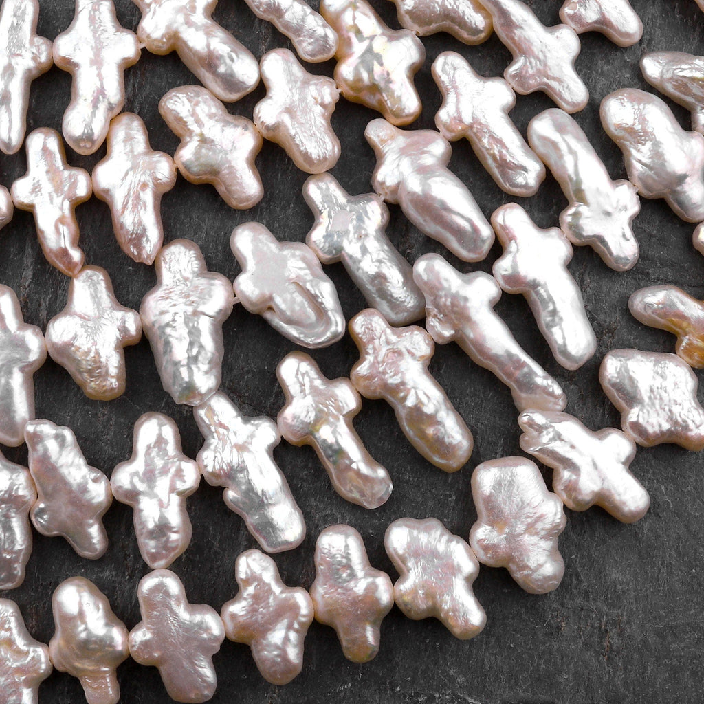 Natural Soft Peach Pink Cross Pearl Genuine Real Freshwater Pearl Fancy Shape Beads 16" Strand