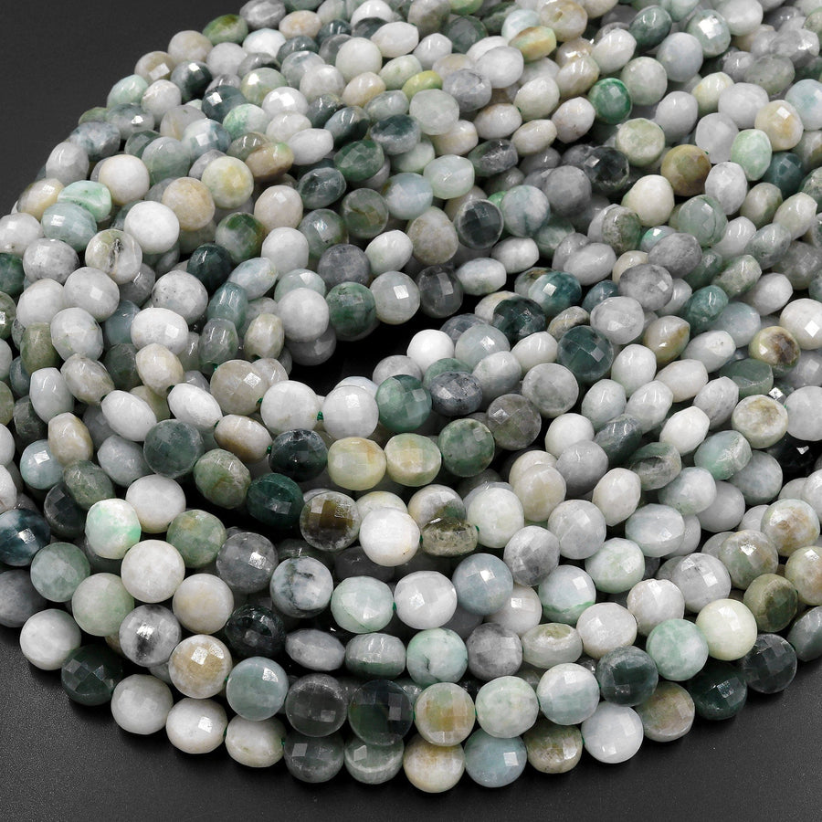 Faceted Natural Burma Green Jade 6mm 8mm Coin Beads Real Genuine Gemstone 15.5" Strand