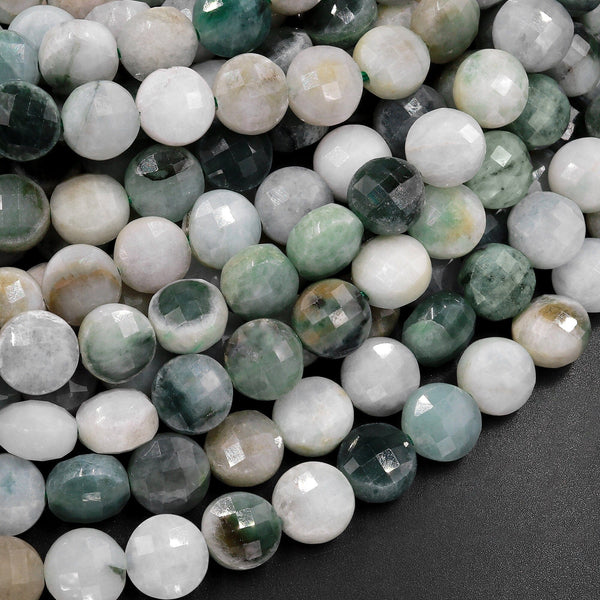 Faceted Natural Burma Green Jade 6mm 8mm Coin Beads Real Genuine Gemstone 15.5" Strand