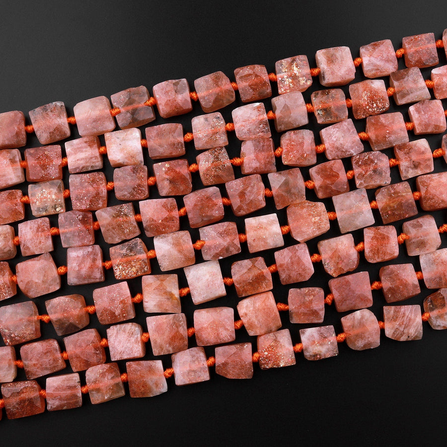 Fiery Natural Sunstone Faceted Square 10mm Beads Orange Red Feldspar Gemstone 15.5" Strand