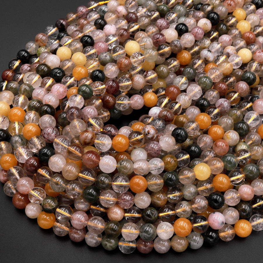 Natural Multicolor Green Red Yellow Phantom Quartz Beads Lodolite Beads 4mm 6mm 8mm 10mm 12mm 14mm Smooth Round 15.5" Strand