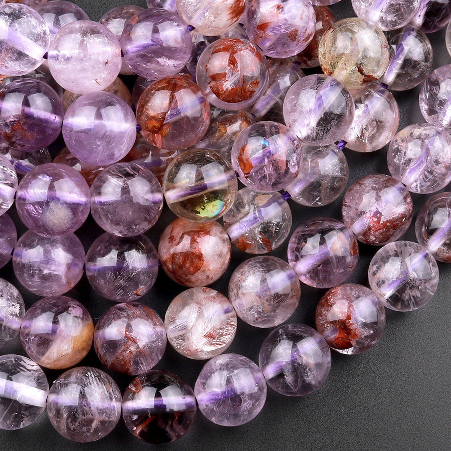 Super 7 Crystal Element Natural Phantom Amethyst Cacoxenite Round Beads 4mm 6mm 8mm 10mm 12mm Powerful Healing Stone 15.5" Strand
