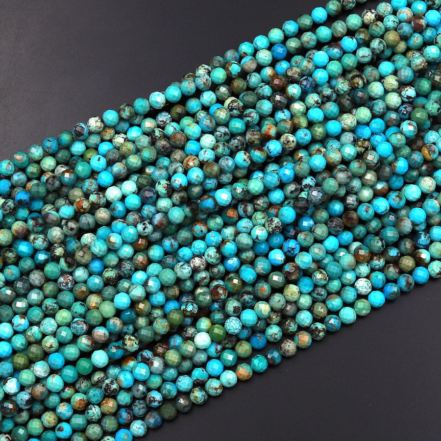 AAA Natural Turquoise 5mm 6mm Faceted Round Beads Real Genuine Blue Green Micro Faceted Cut Gemstone 15.5" Strand