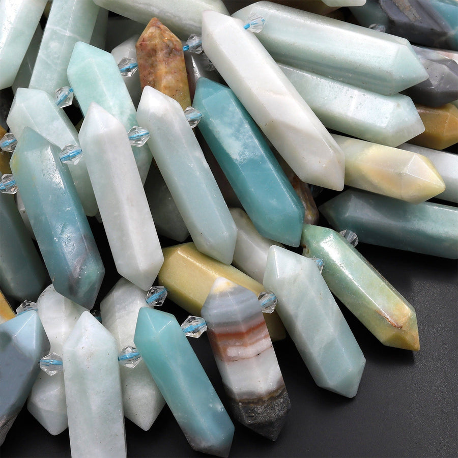 Double Terminated Multicolor Amazonite Long Points Side Drilled Focal Pendant Beads 15.5" Strand