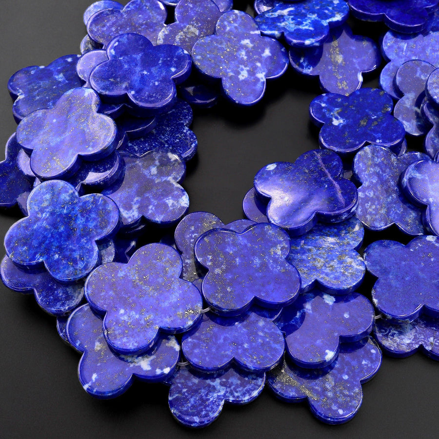 AAA Large 4 Four Leaf Clover Beads Natural Blue Lapis Hand Carved Flower Gemstone 15.5" Strand