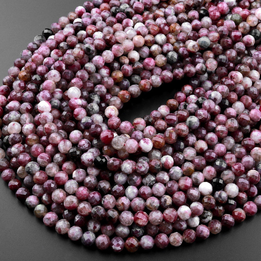 Faceted Natural Red Pink Rubellite Tourmaline 6mm Round Beads Micro Diamond Cut Gemstone 15.5" Strand