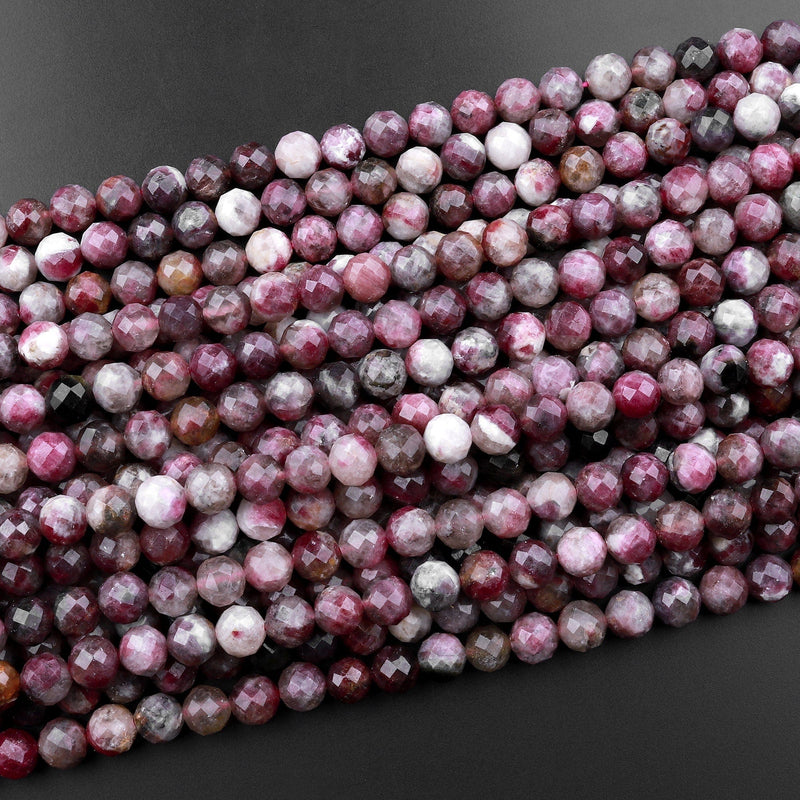 Faceted Natural Red Pink Rubellite Tourmaline 6mm Round Beads Micro Diamond Cut Gemstone 15.5" Strand