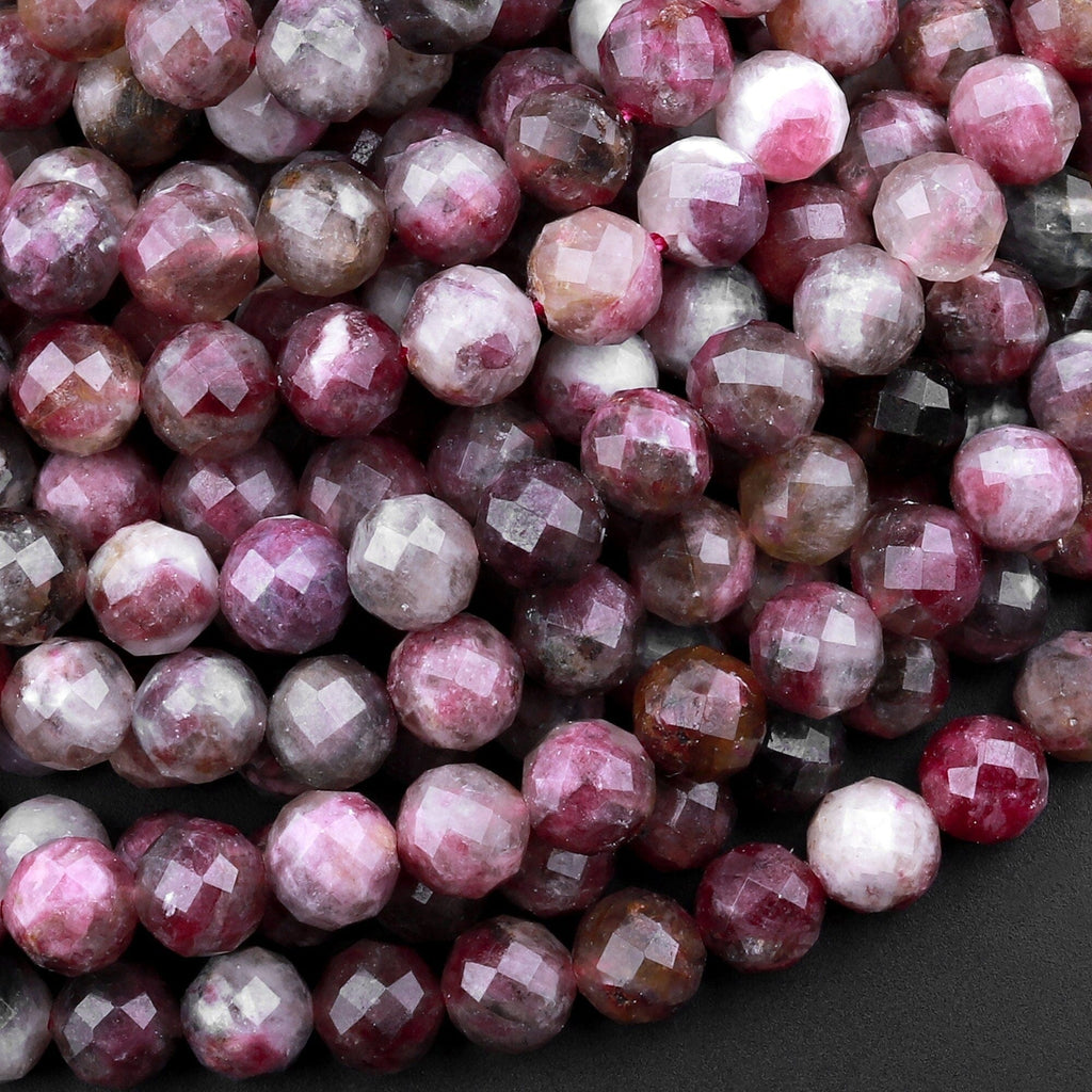 Faceted Natural Red Pink Rubellite Tourmaline 6mm Round Beads Micro Diamond Cut Gemstone 15.5" Strand