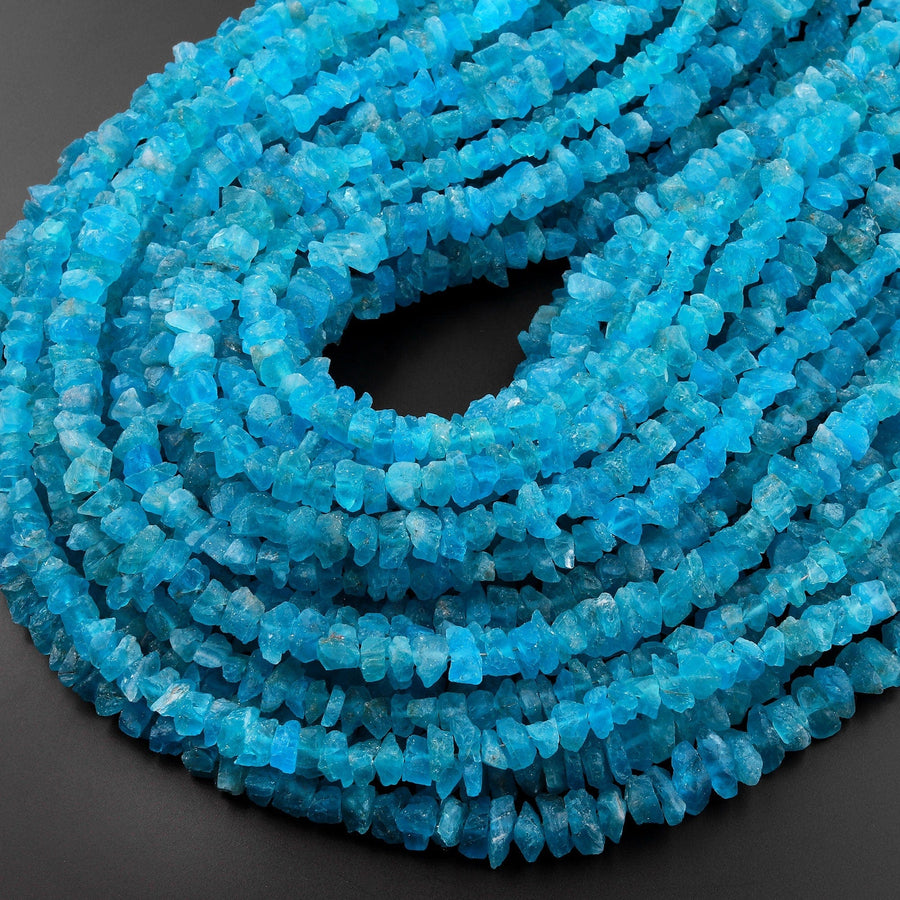 AAA Raw Rough Apatite Freeform Beads Nuggets Gemmy Translucent Teal Blue Gemstone Hand Hammered Beads  16" Strand
