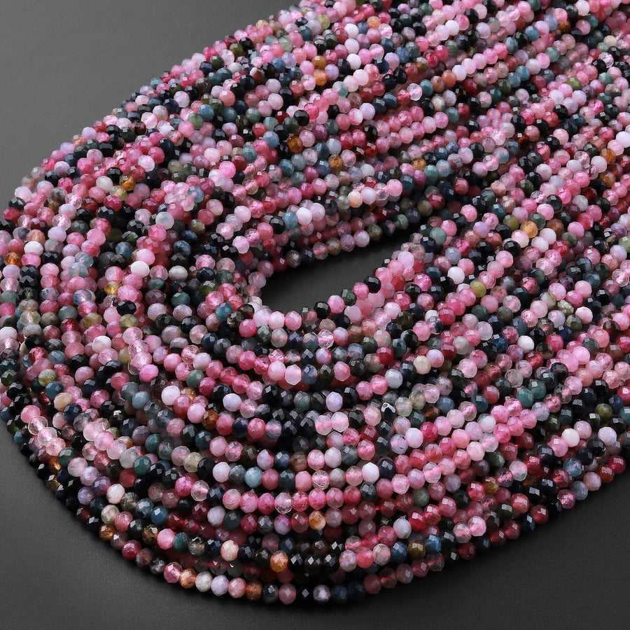 Natural Multicolor Watermelon Tourmaline Micro Faceted 4mm Rondelle Beads Pink Green Blue Gemstone 15.5" Strand