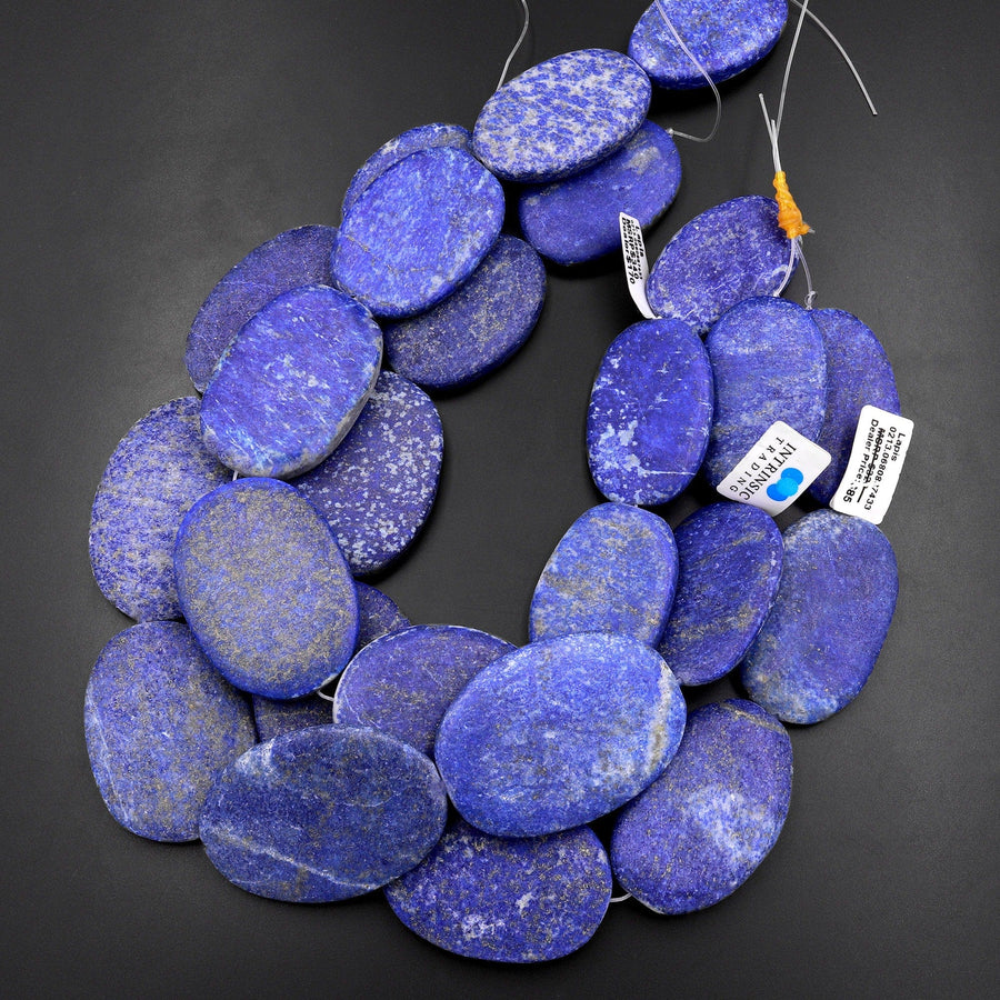 Large Phenomenal Matte Natural Blue Lapis Flat Oval Pendant Beads 15.5" Strand