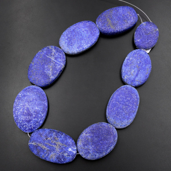 Large Phenomenal Matte Natural Blue Lapis Flat Oval Pendant Beads 15.5" Strand