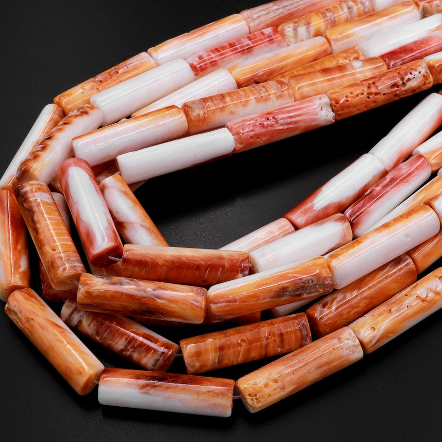 Natural Orange Red Spiny Oyster Smooth Long Tube Beads 30mm 15.5" Strand