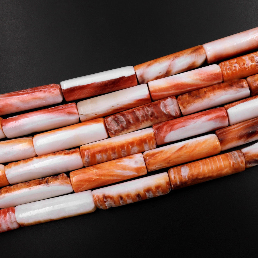 Natural Orange Red Spiny Oyster Smooth Long Tube Beads 30mm 15.5" Strand