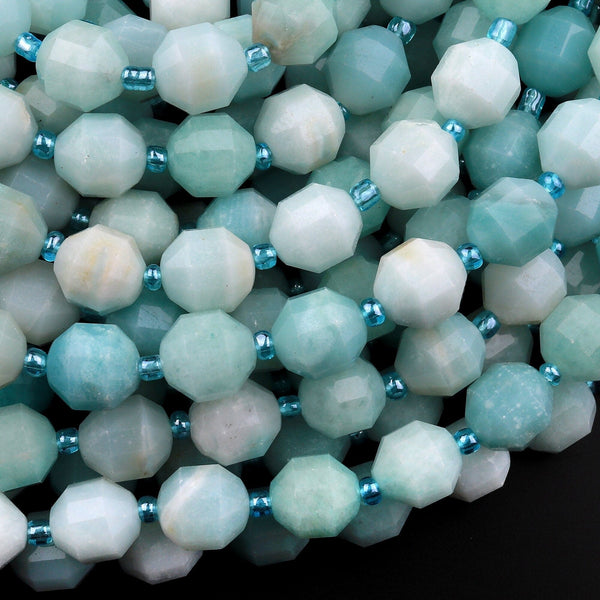 Natural Brazilian Blue Amazonite 10mm Beads Faceted Energy Prism Double Terminated Points 15.5" Strand