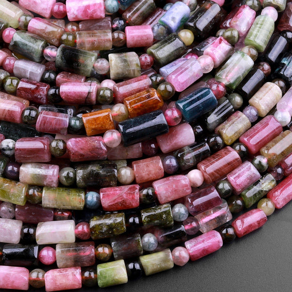 Natural Green Pink Watermelon Tourmaline Tube Cylinder Beads 15.5" Strand