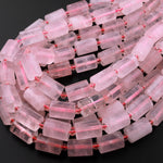 Faceted Natural Rose Quartz Tube Beads Soft Pink Gemstone Cylinder 15.5" Strand
