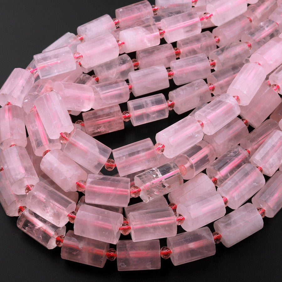Faceted Natural Rose Quartz Tube Beads Soft Pink Gemstone Cylinder 15.5" Strand