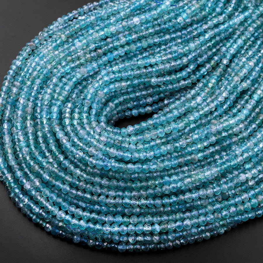 AAA Micro Faceted Natural Teal Blue Apatite 4mm Rondelle Beads 15.5" Strand