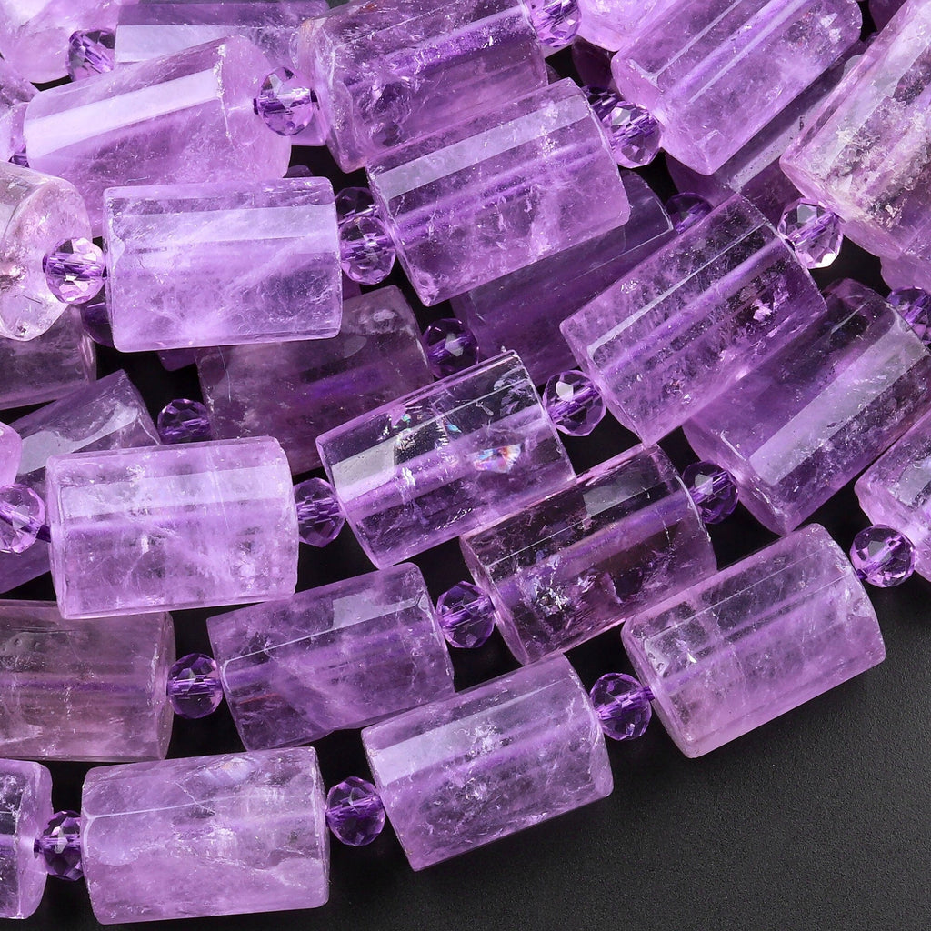 AAA Faceted Natural Amethyst Tube Cylinder Beads Rich Purple Gemstone Beads 15.5" Strand
