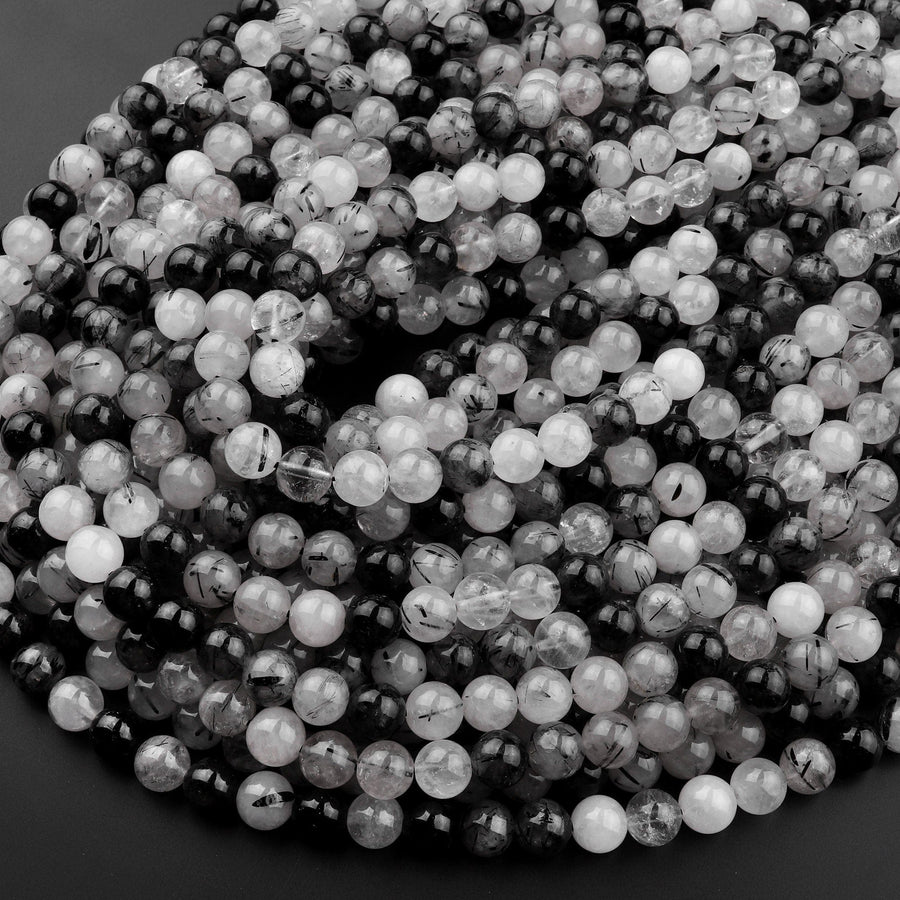 Natural Black Tourmaline Rutilated Quartz Round Beads 4mm 6mm 8mm 10mm 12mm 14mm 16mm 18mm 15.5" Strand