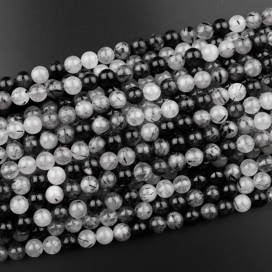 Natural Black Tourmaline Rutilated Quartz Round Beads 4mm 6mm 8mm 10mm 12mm 14mm 16mm 18mm 15.5" Strand