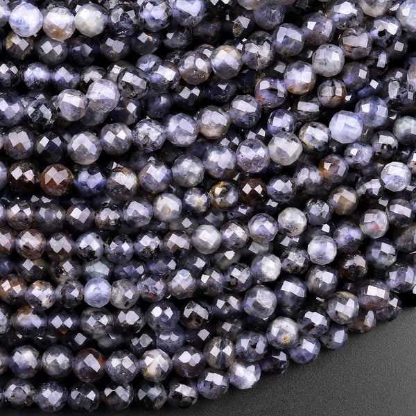 Natural Iolite 4mm Round Beads Micro Faceted Gemstone 15.5" Strand