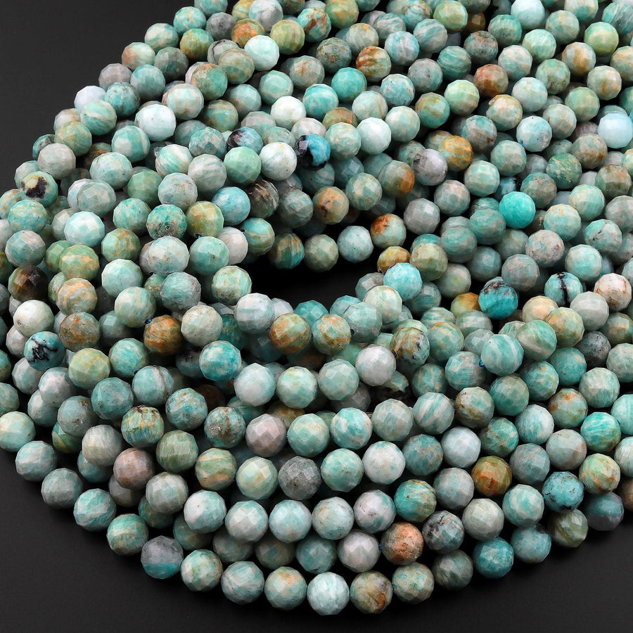 Natural Russian Amazonite Faceted Round Beads 6mm 8mm Stunning Natural Blue Green Yellow Laser Diamond Cut Gemstone 15.5" Strand