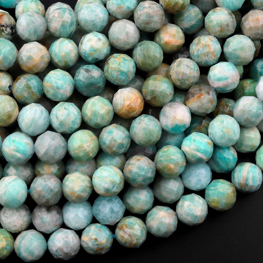 Natural Russian Amazonite Faceted Round Beads 6mm 8mm Stunning Natural Blue Green Yellow Laser Diamond Cut Gemstone 15.5" Strand